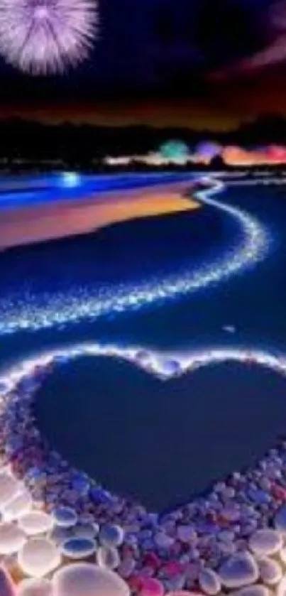 Heart-shaped beach scene under fireworks with vibrant colors.