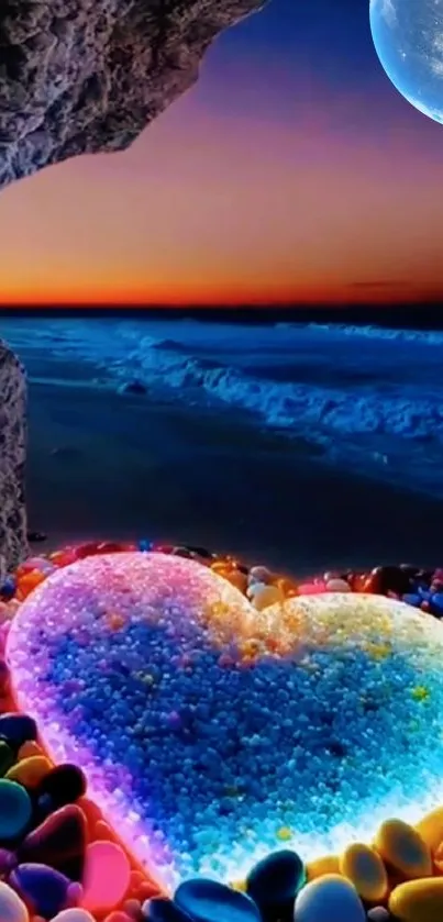 Colorful heart at sunset on a pebbled beach background.