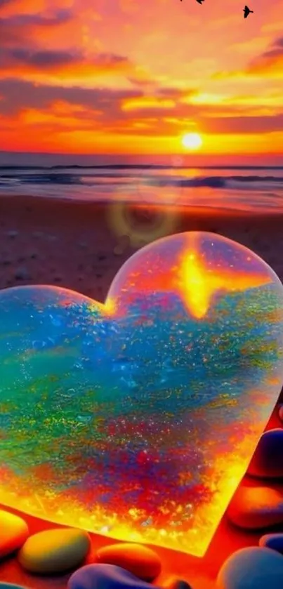 Heart-shaped crystal on a vibrant sunset beach with colorful stones.