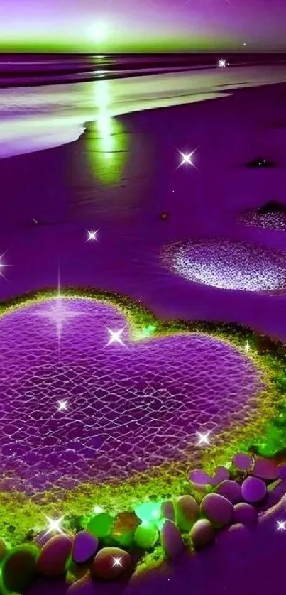 Illuminated heart on a purple beach with vibrant stones.