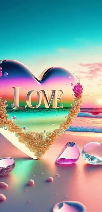 Colorful heart on beach with sunset backdrop.