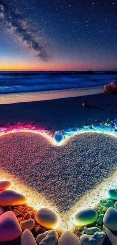 A heart-shaped sandy beach design with colorful stones and a starlit night sky.