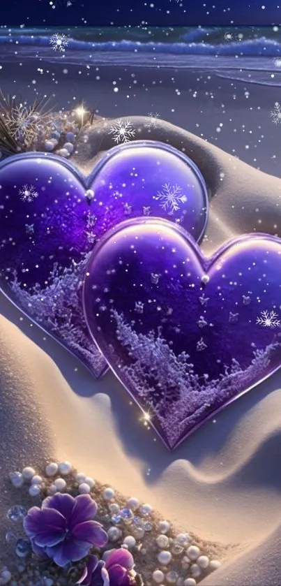 Two purple heart ornaments on a sandy beach with starry sky.