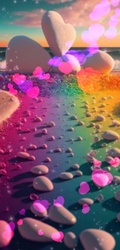 Vibrant beach scene with heart shapes and a rainbow path.