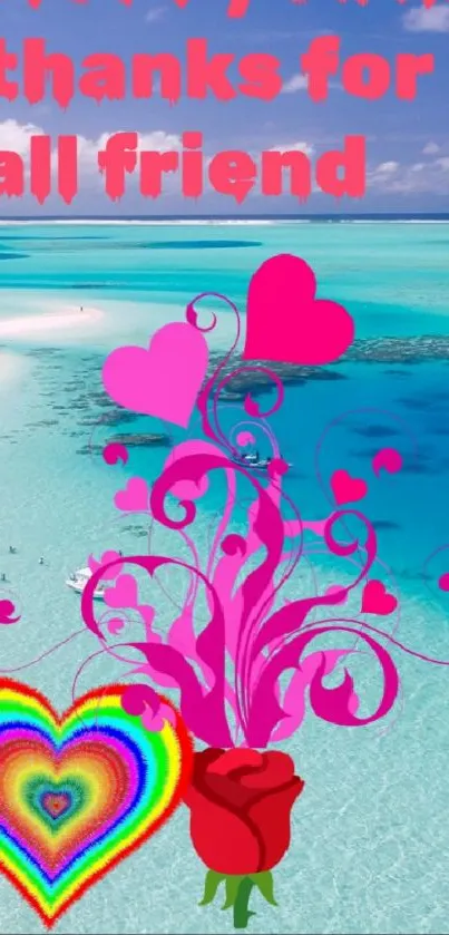 Vibrant heart and rose design on beach background.