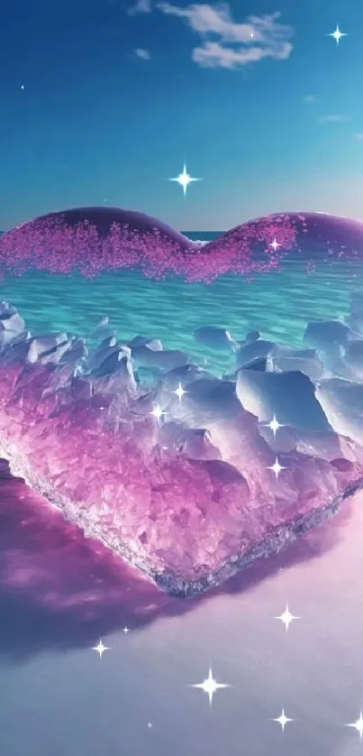 Vibrant crystal heart on a scenic beach with azure water and sky background.