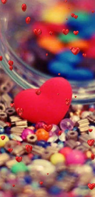 Mobile wallpaper with colorful beads and a heart in a jar.