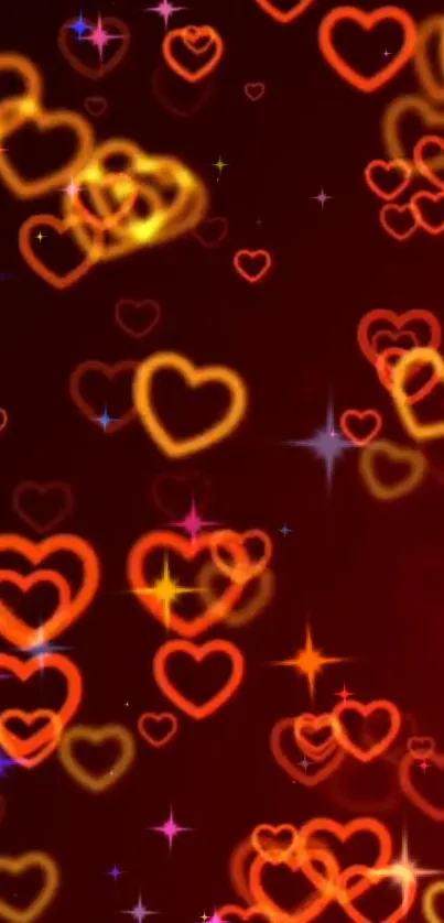 Colorful glowing heart wallpaper with red background.