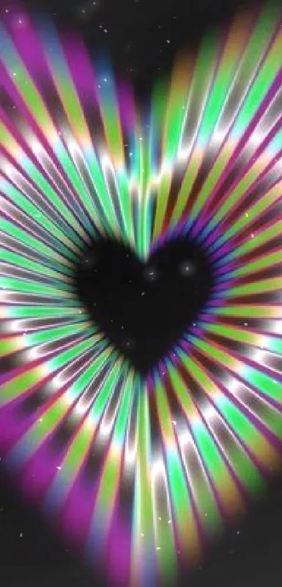 Colorful radiant heart on a black background.