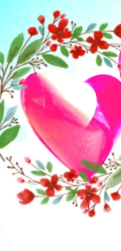 Pink heart with floral wreath on vibrant background.