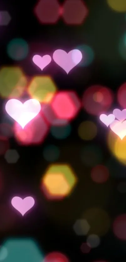 Vibrant bokeh wallpaper with colorful hearts and geometric shapes.