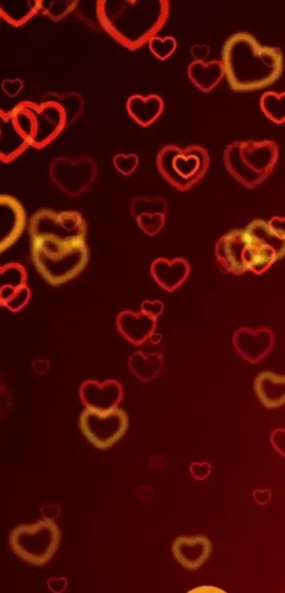 Vibrant red and gold heart bokeh mobile wallpaper.