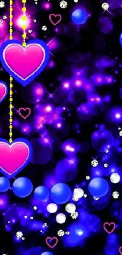 Electric purple wallpaper with hanging neon hearts and bokeh lights.