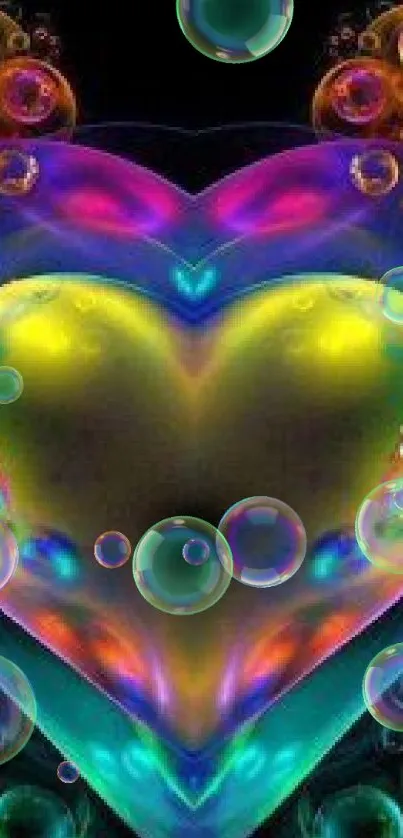 Vibrant heart-shaped bubble art with colorful abstract design on black background.