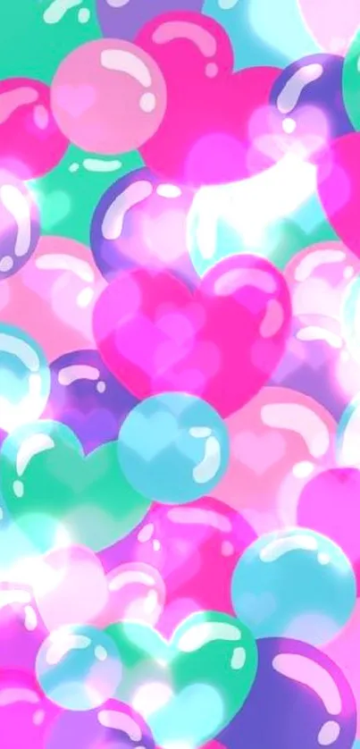 Colorful heart bubble wallpaper with pinks, purples, and blues.