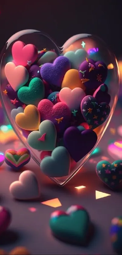 Colorful hearts inside a clear bubble.