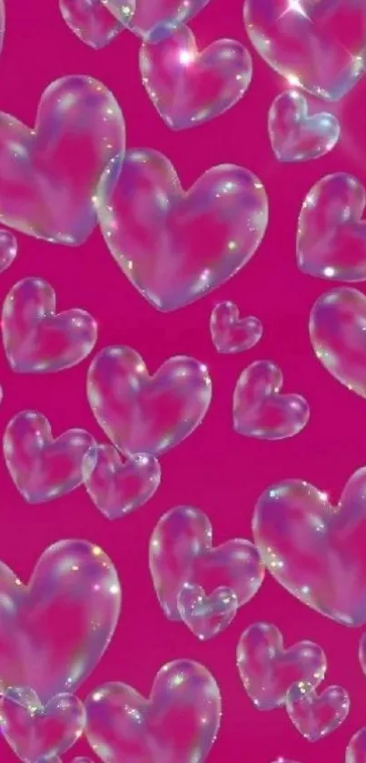 Glossy heart-shaped bubbles on a deep pink background for phone wallpaper.