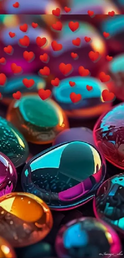 Colorful wallpaper with vibrant bubbles and red hearts.