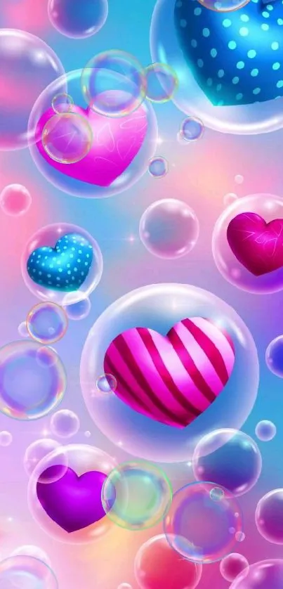 Colorful heart bubbles on a vibrant wallpaper.