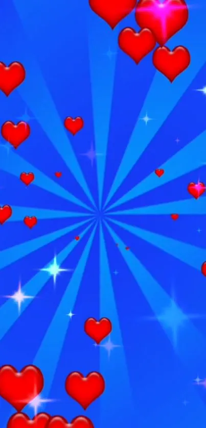 Dynamic blue wallpaper featuring vibrant red hearts and sparkles.