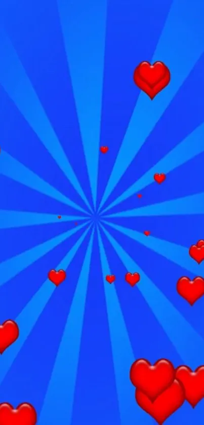 Radiant blue background with red hearts design.