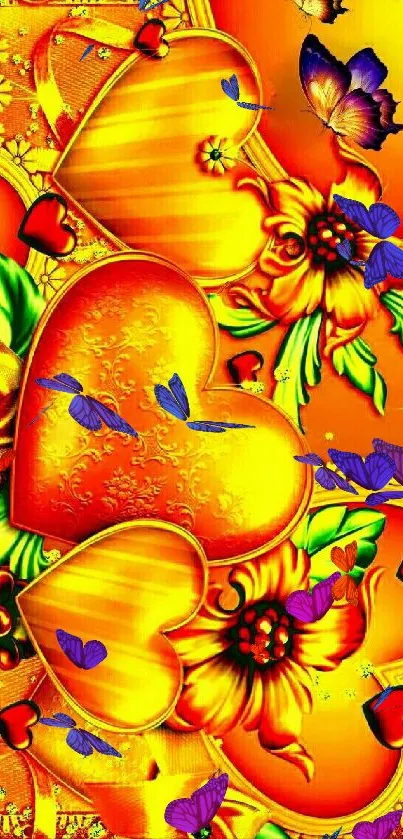 Vibrant wallpaper with golden hearts, colorful flowers, and butterflies.