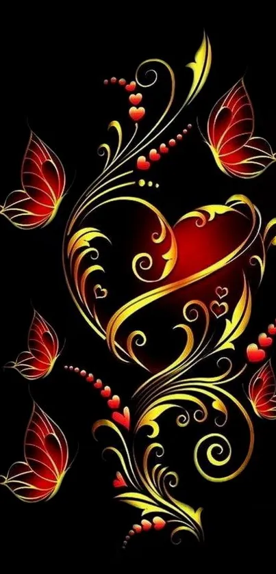 Vibrant heart and butterfly design on a mobile wallpaper with vivid colors.