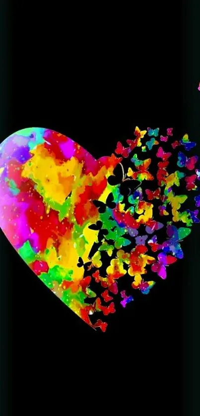 Vibrant heart and butterflies art wallpaper on a black background.