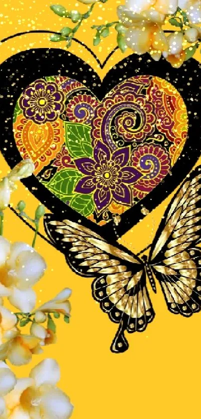 Mobile wallpaper with heart, butterfly, and floral designs on yellow background.