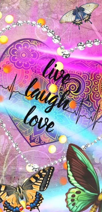 Vibrant mobile wallpaper with heart, butterflies, and live laugh love quote.