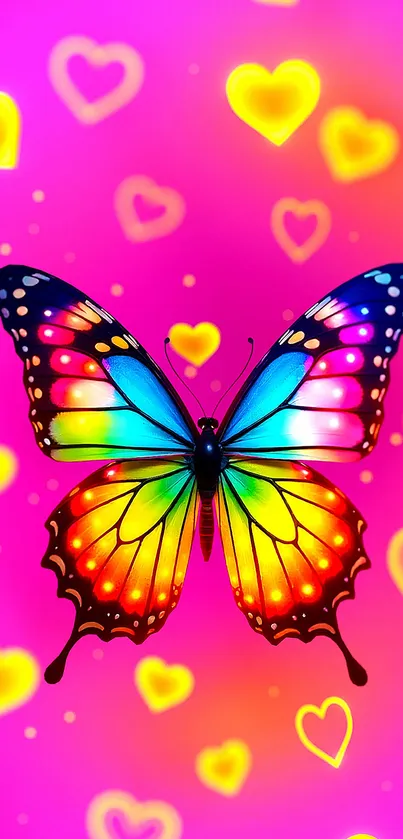 Colorful butterfly with glowing hearts wallpaper.