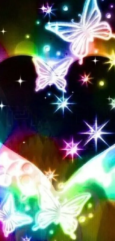 Neon butterflies with vibrant heart and stars.