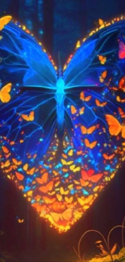 Vibrant butterfly heart in dark forest wallpaper.