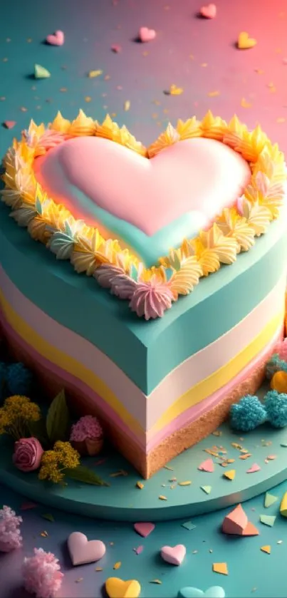 Vibrant heart-shaped cake with pastel colors and decorations.