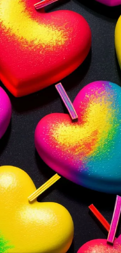 Colorful heart-shaped candies in rainbow hues on black background.