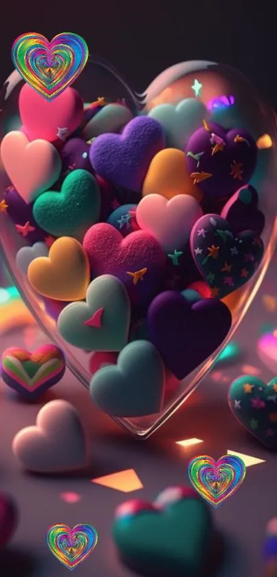 Colorful hearts in a glass jar, vibrant wallpaper for mobile screen.
