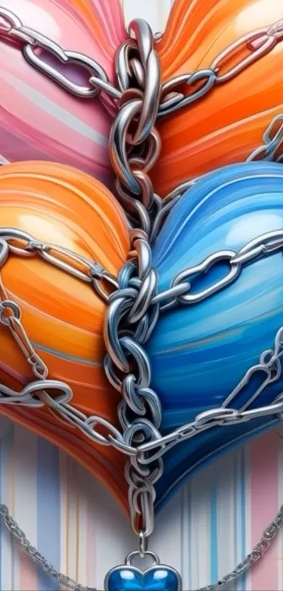 Colorful hearts bound by chains in vibrant wallpaper art.
