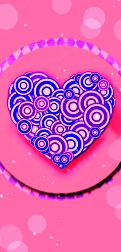 Colorful heart with concentric circles on a vibrant pink background.