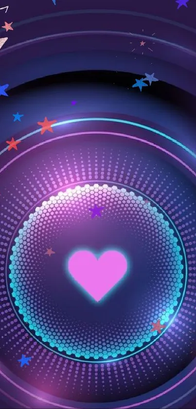 Vibrant heart and concentric circles on a purple wallpaper.