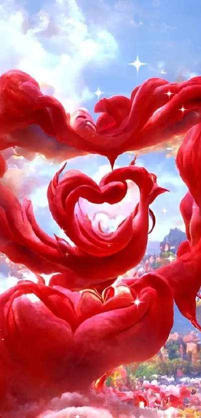 Vibrant red heart-shaped clouds in a surreal fantasy sky.