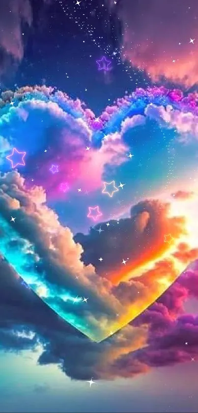 Vibrant rainbow heart cloud in the sky.