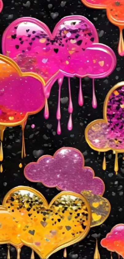 Colorful heart-shaped clouds with sparkle on a dark background wallpaper.