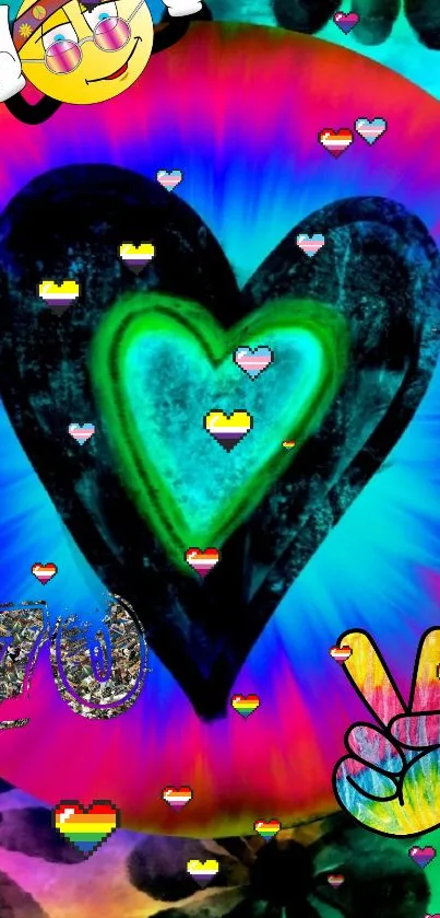 Colorful heart wallpaper with neon hues and emojis.