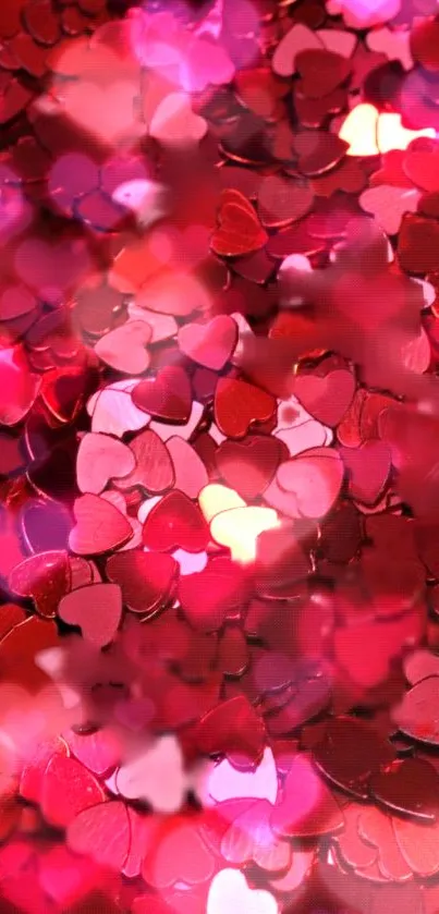 Red and pink heart confetti wallpaper with vibrant colors.