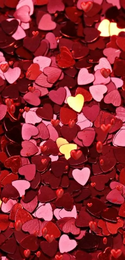 Red and pink heart-shaped confetti wallpaper with vibrant colors.