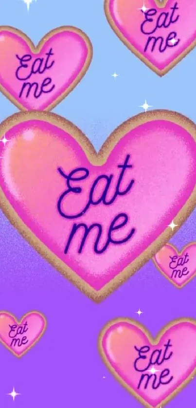 Colorful heart-themed wallpaper with 'Eat Me' cookies on a purple gradient.