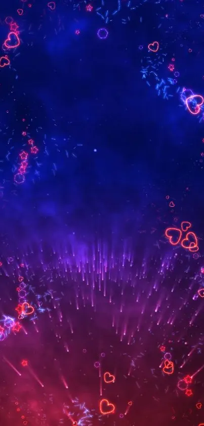 Cosmic wallpaper with vibrant hearts and glowing colors in blue and red.