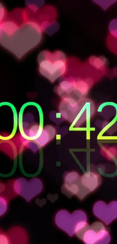 Green countdown with glowing pink hearts background.