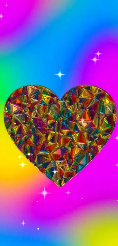 Vibrant rainbow heart on a colorful mobile wallpaper.