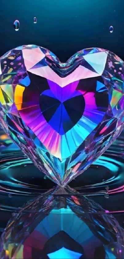 Colorful heart-shaped crystal with vibrant hues on a dark background.